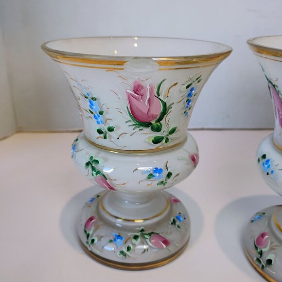 Pair Vtg BOHEMIAN CZECH Cased Glass White Painted Pink Roses Vase Set -CHIP READ - Picture 11 of 14